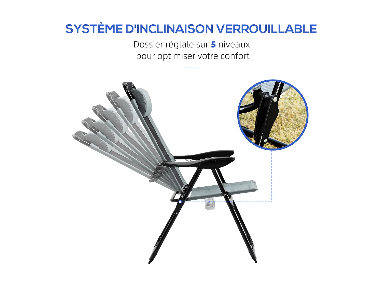Lot de 2 chaises de jardin camping pliables - dossier inclinable 5 positions - tétière incluse - acier époxy oxford textilène gris