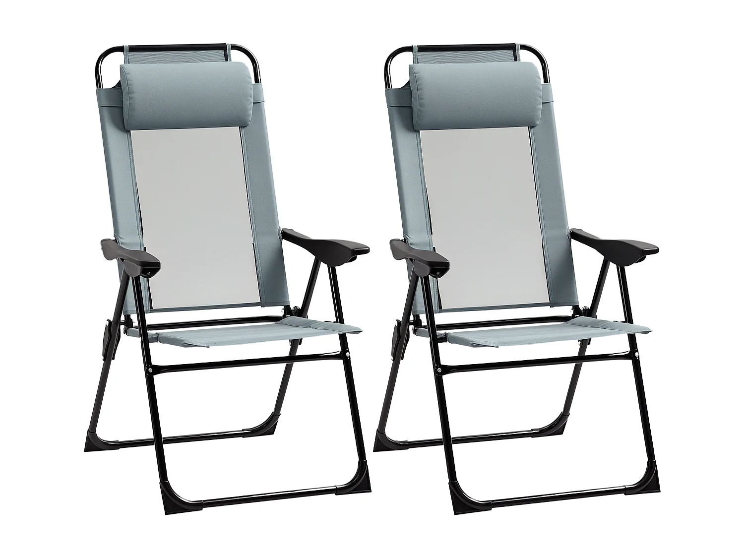 Lot de 2 chaises de jardin camping pliables - dossier inclinable 5 positions - tétière incluse - acier époxy oxford textilène gris