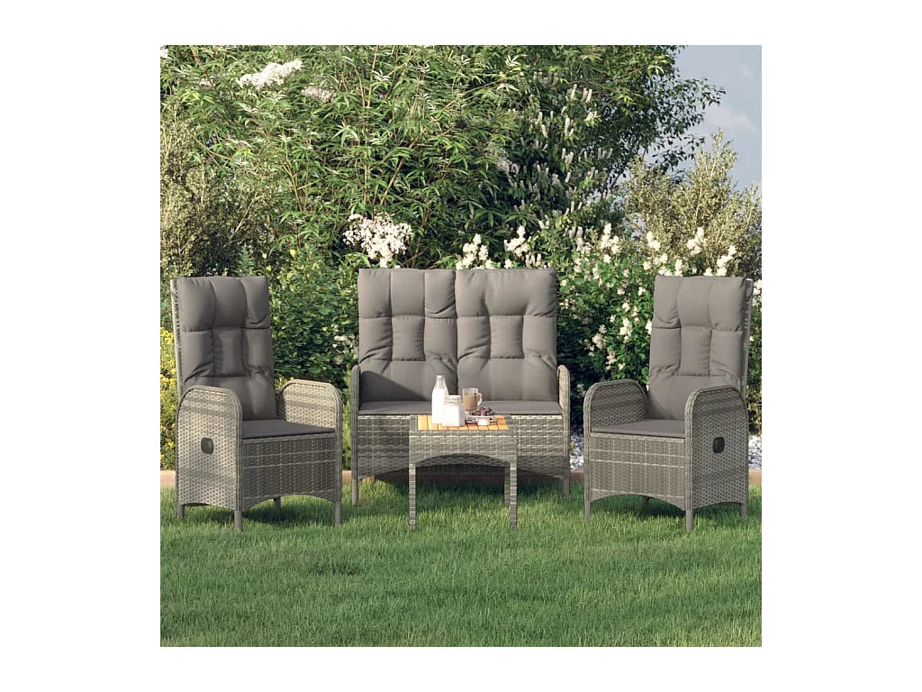 Ensemble à manger jardin 4pcs et coussins Gris Résine tressée