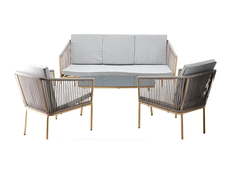 Salon de Jardin - 1 Table Basse, 1 Canapé, 2 Chaises - Coussins Gris