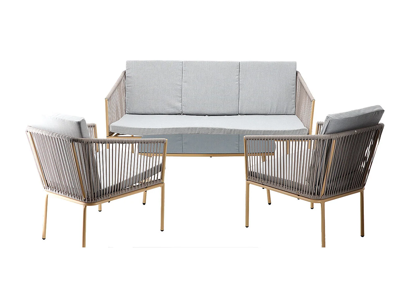 Juego De Muebles De Jardín - 1 Mesa De Centro, 1 Sofá, 2 Sillas - Cojines Color Gris