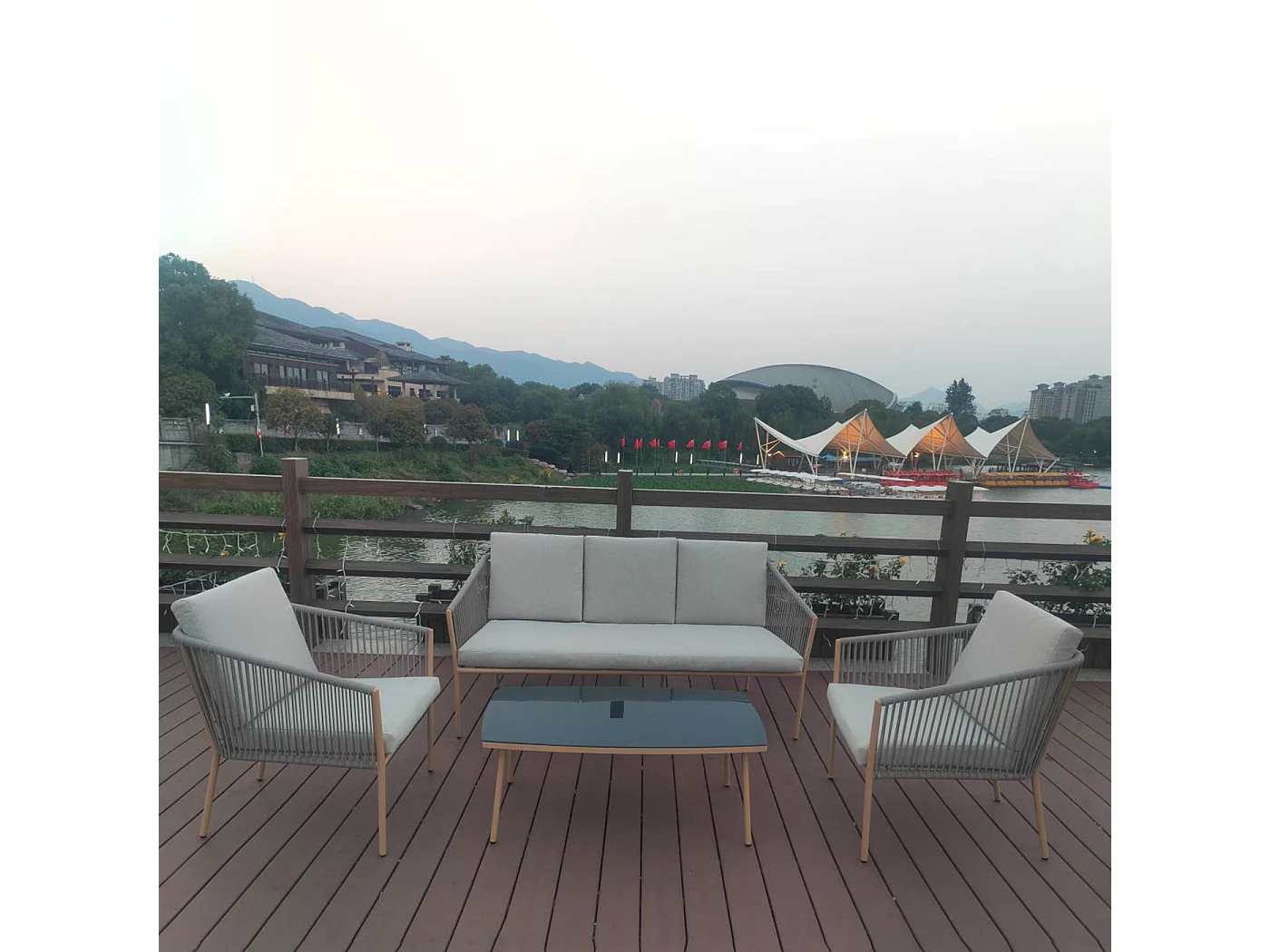 Juego De Muebles De Jardín - 1 Mesa De Centro, 1 Sofá, 2 Sillas - Cojines Color Gris