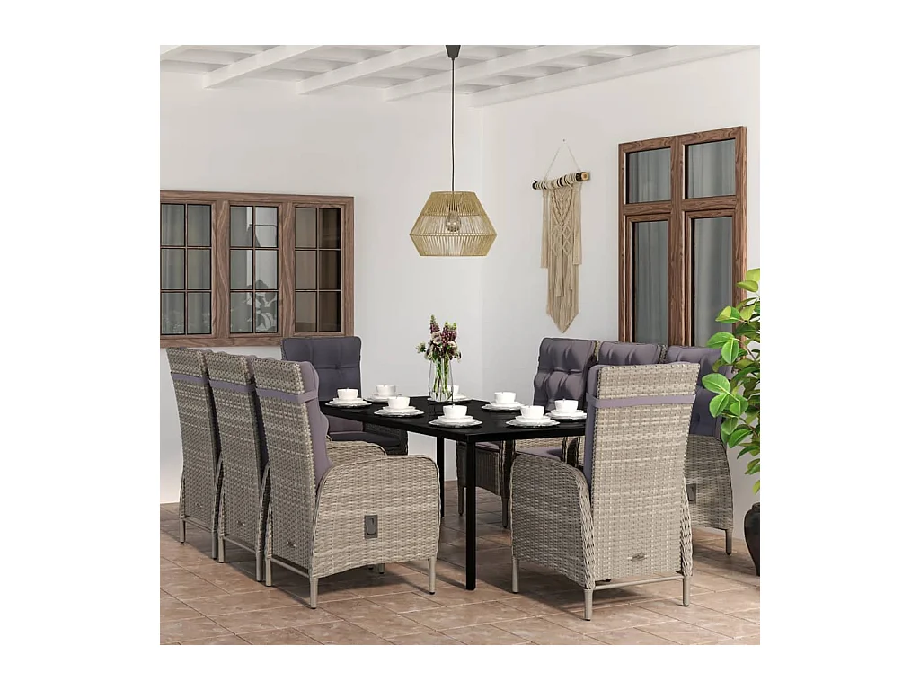 Ensemble à manger de jardin et coussins 9 pcs Gris et noir