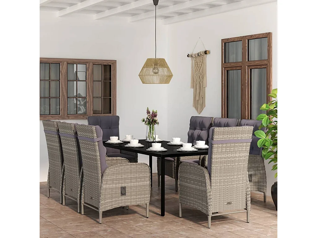 Set da Pranzo da Giardino 9 pz con Cuscini Nero e Grigio