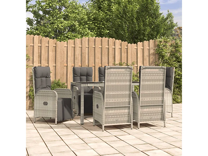 7-tlg. Garten-Essgruppe mit Kissen Grau Poly Rattan