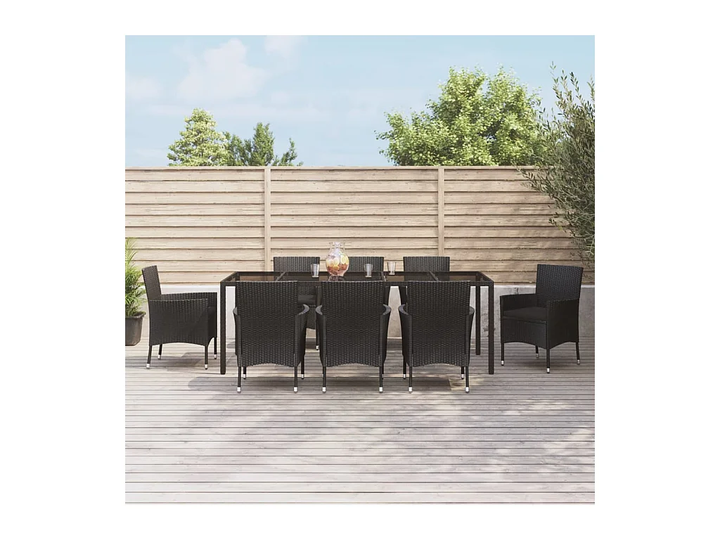 Ensemble à manger jardin 9pcs et coussins noir résine tressée