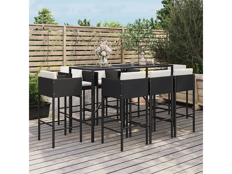 Set Bar da Giardino 9 pz con Cuscini in Polyrattan Nero