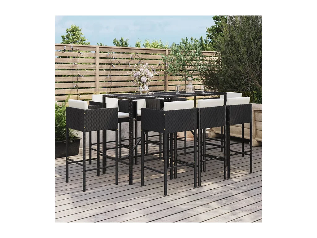 Ensemble de bar de jardin 9 pcs avec coussins noir poly rotin