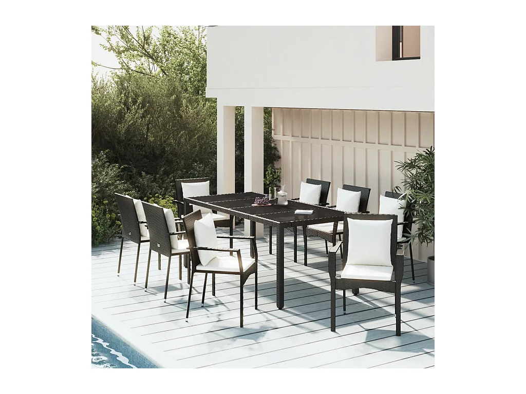 Set da Pranzo da Giardino 9 pz con Cuscini Nero in Polyrattan