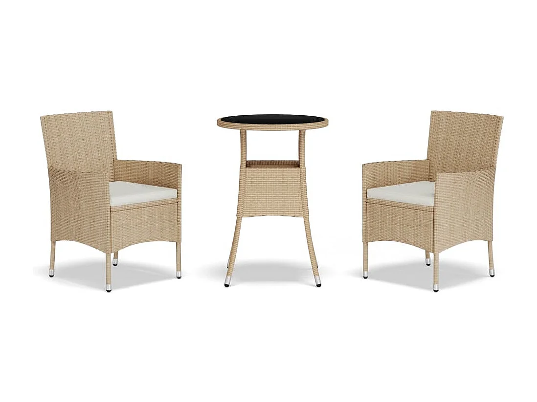 3-delige Bistroset met kussens poly rattan beige