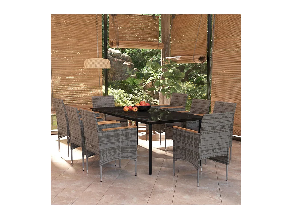9 pcs conjunto de jantar para jardim c/ almofadões cinza/preto