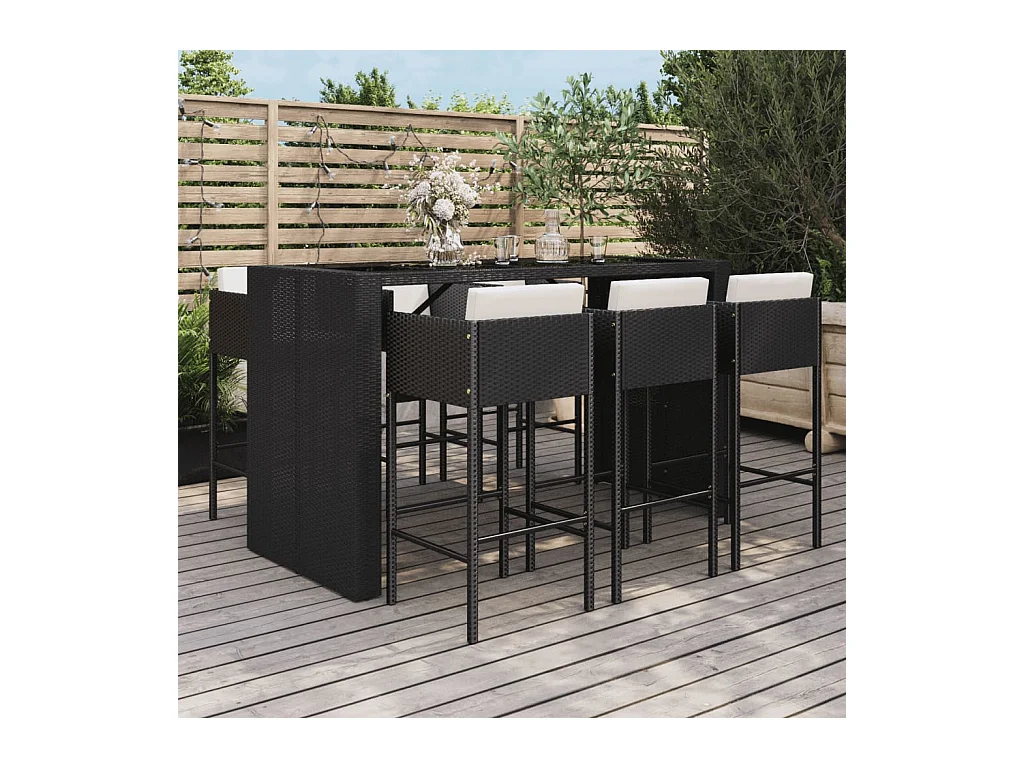 Ensemble de bar de jardin 7 pcs avec coussins noir poly rotin