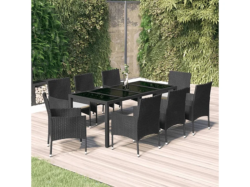 Set da Pranzo da Giardino 9 pz con Cuscini Nero in Polyrattan