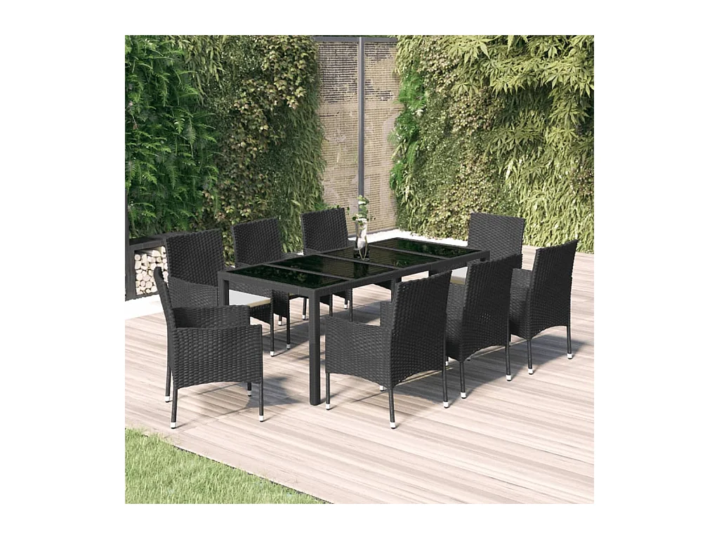 Ensemble à manger jardin 9pcs et coussins noir résine tressée