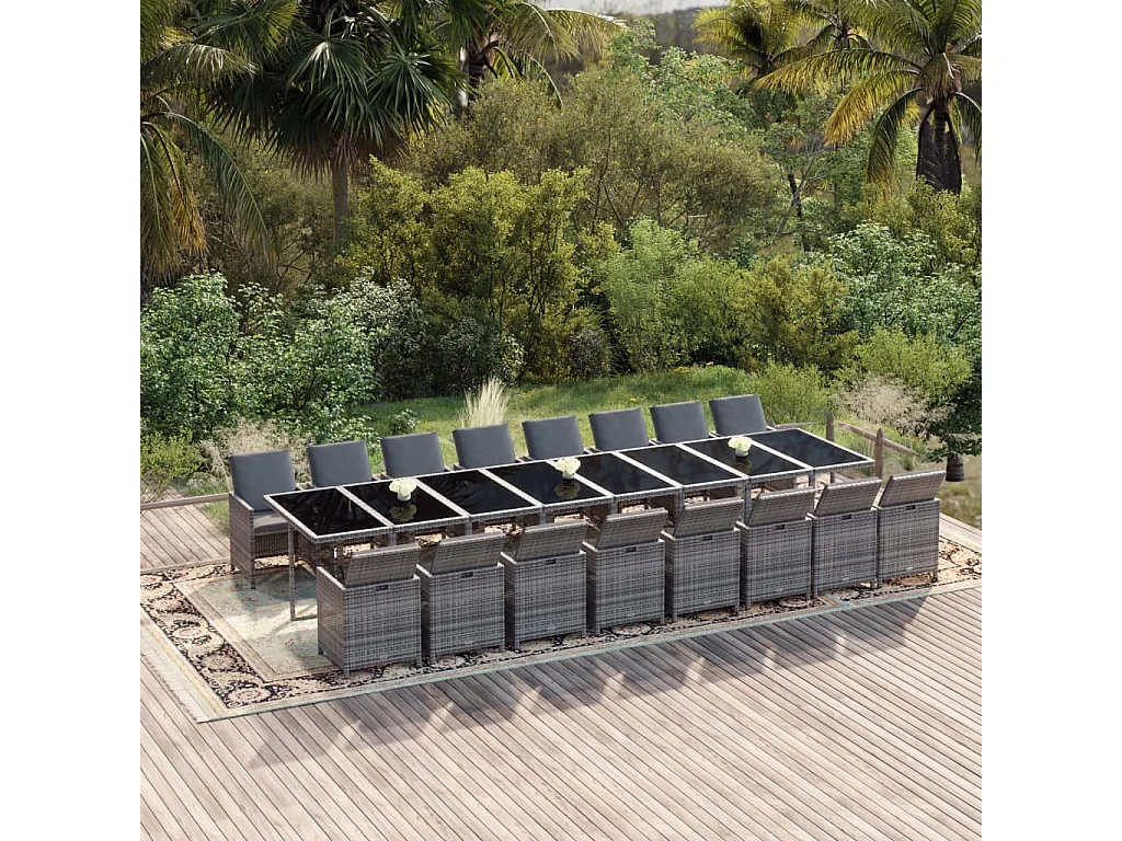 17 pcs conjunto de jantar p/ jardim c/ almofadões vime PE cinza