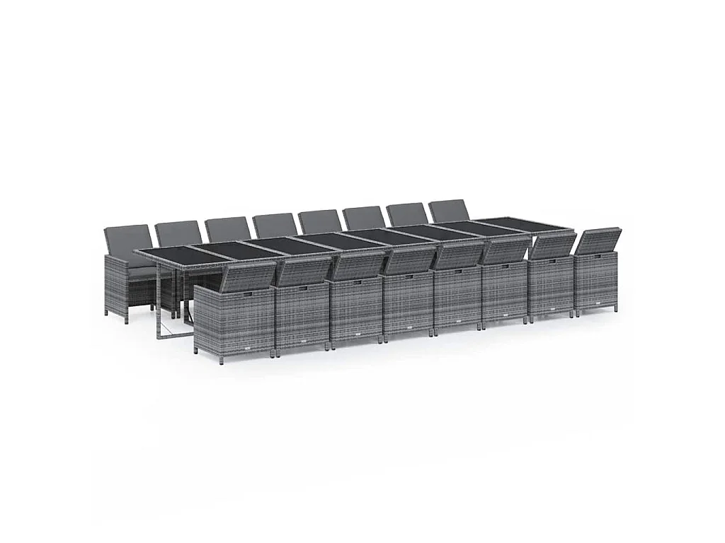 Set da Pranzo da Giardino 17pz con Cuscini Grigio in Polyrattan