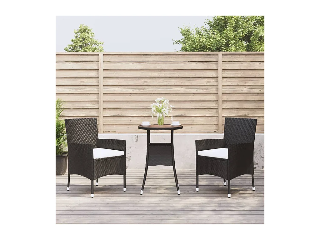 Ensemble de bistro de jardin 3 pcs coussins noir poly rotin