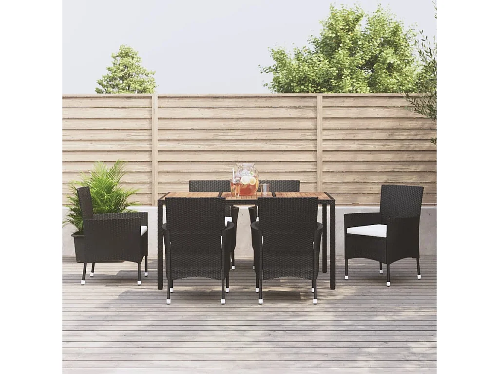 Set da Pranzo da Giardino 7 pz Nero con Cuscini in Polyrattan