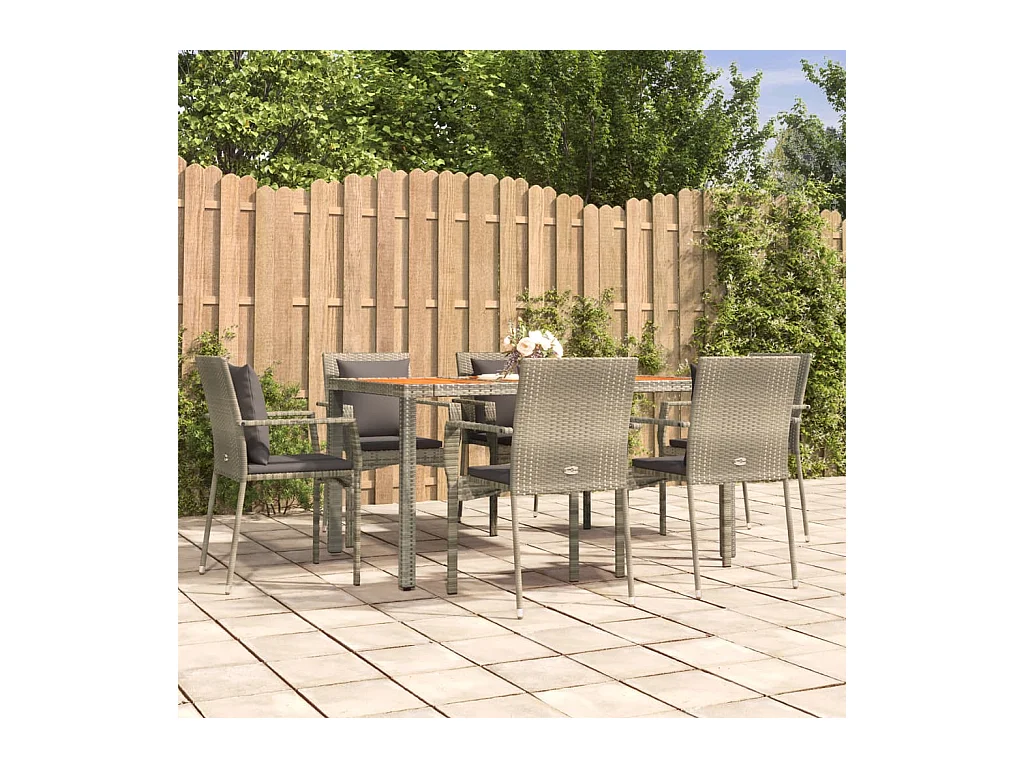 Ensemble à manger jardin et coussins 7 pcs gris rotin