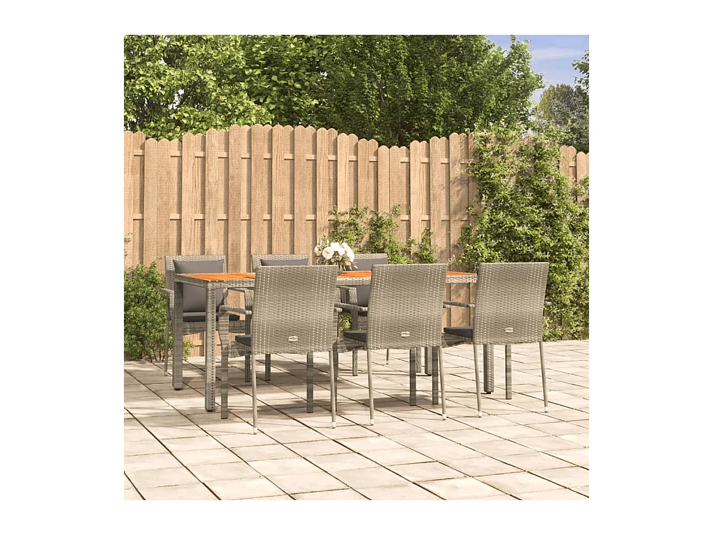 Ensemble à manger jardin et coussins 7 pcs gris rotin