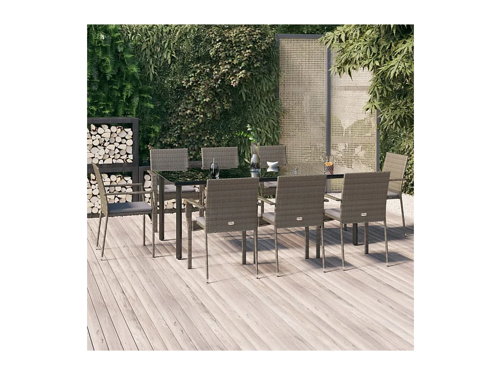 9 pcs conjunto jantar jardim c/ almofadões vime PE preto/cinza