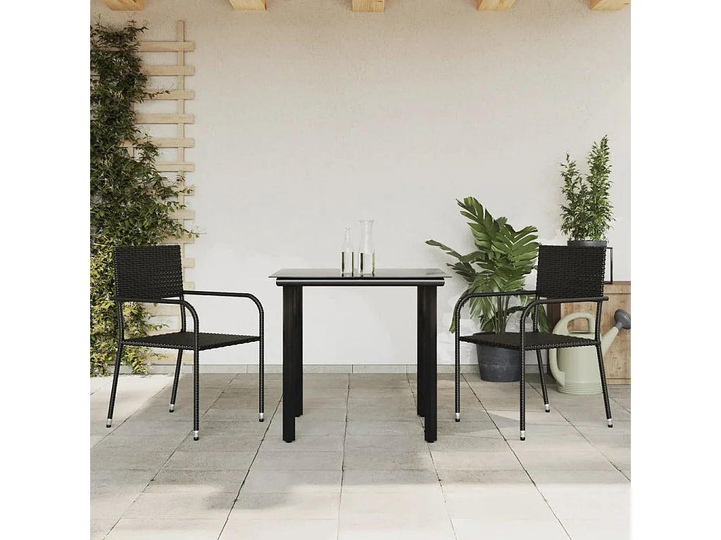 3-tlg. Garten-Essgruppe Schwarz Poly Rattan und Stahl