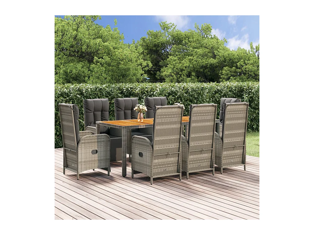 Ensemble à manger de jardin 9 pcs coussins gris résine tressée