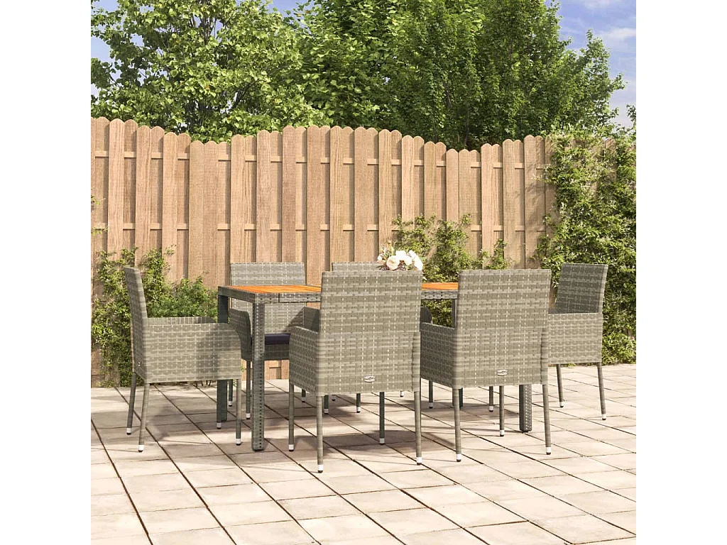 Set da Pranzo da Giardino 7 pz con Cuscini in Polyrattan Grigio