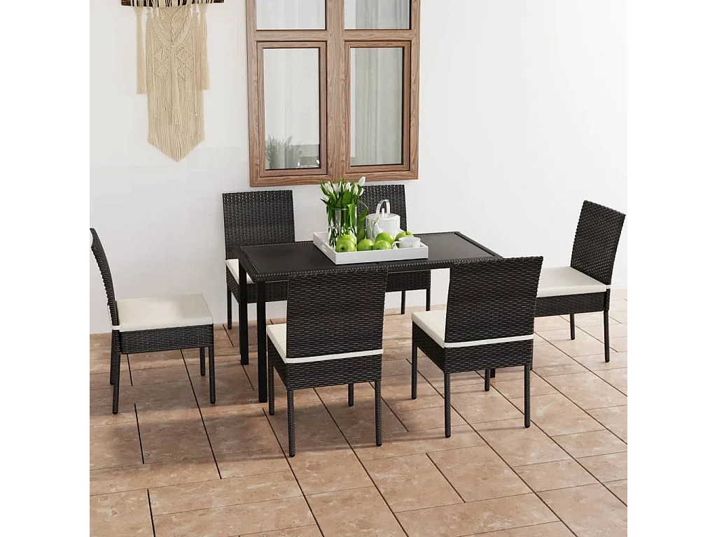 7 pcs conjunto de jantar para jardim vime PE preto