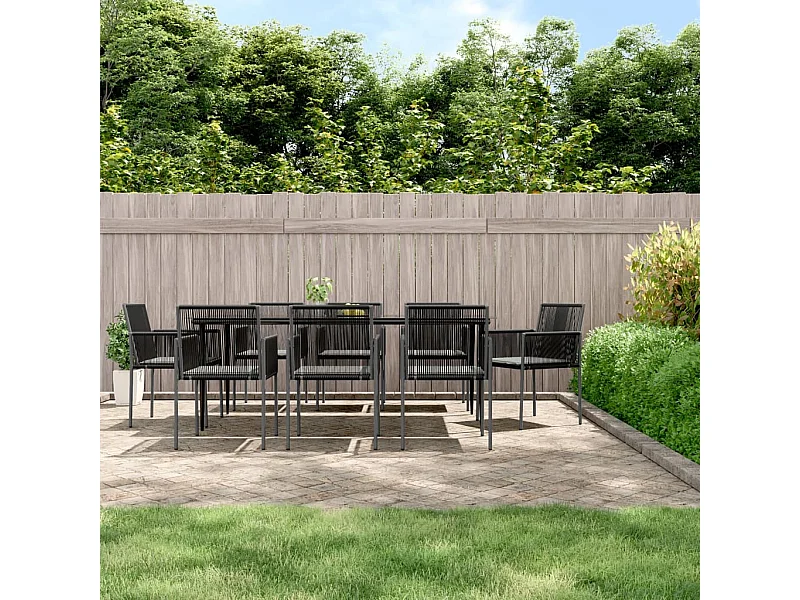 Set Pranzo Giardino 9 pz con Cuscini Polyrattan e Acciaio Nero