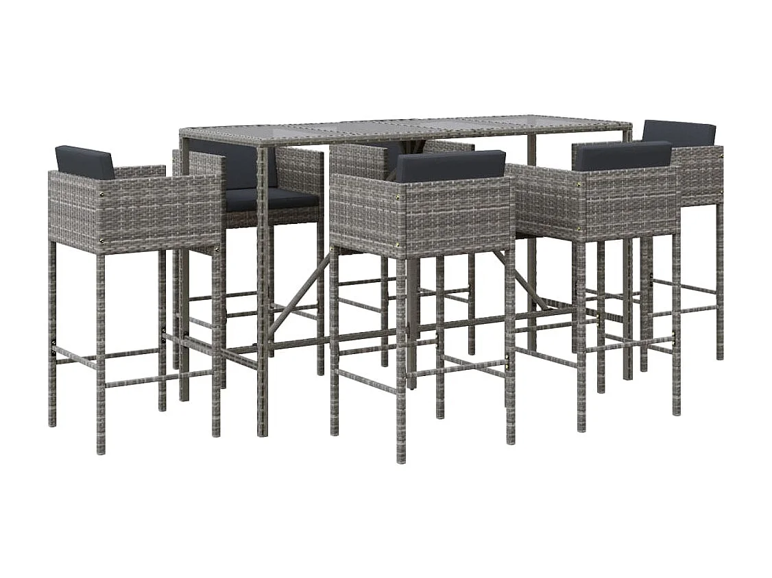 7-tlg. Gartenbar-Set mit Kissen Grau Poly Rattan