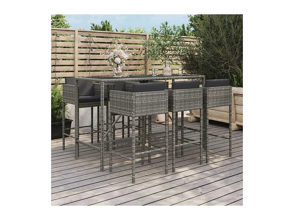 Ensemble de bar de jardin 7 pcs avec coussins gris poly rotin