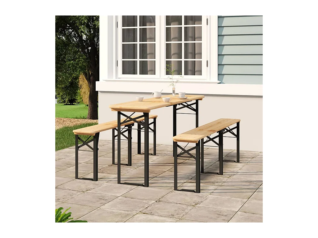 Ensemble de tables à bière pliantes 3 pcs bois massif de sapin