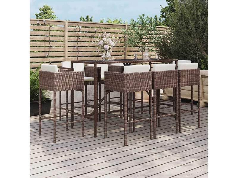 9-tlg. Gartenbar-Set mit Kissen Braun Poly Rattan