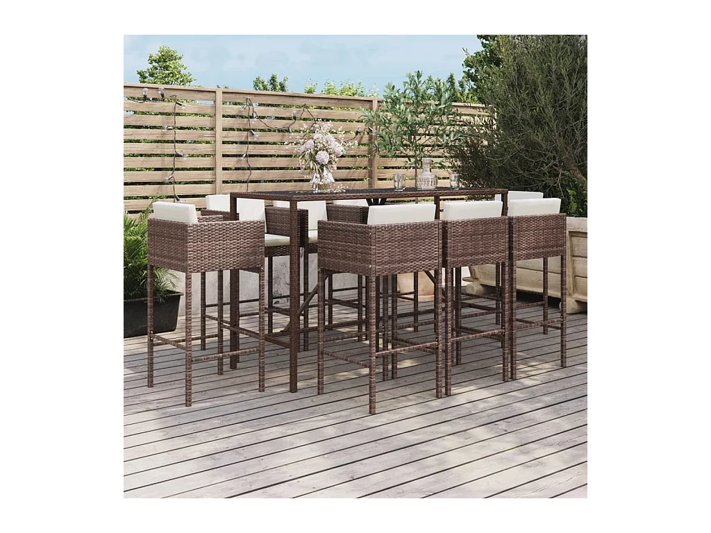 Set Bar da Giardino 9 pz con Cuscini in Polyrattan Marrone