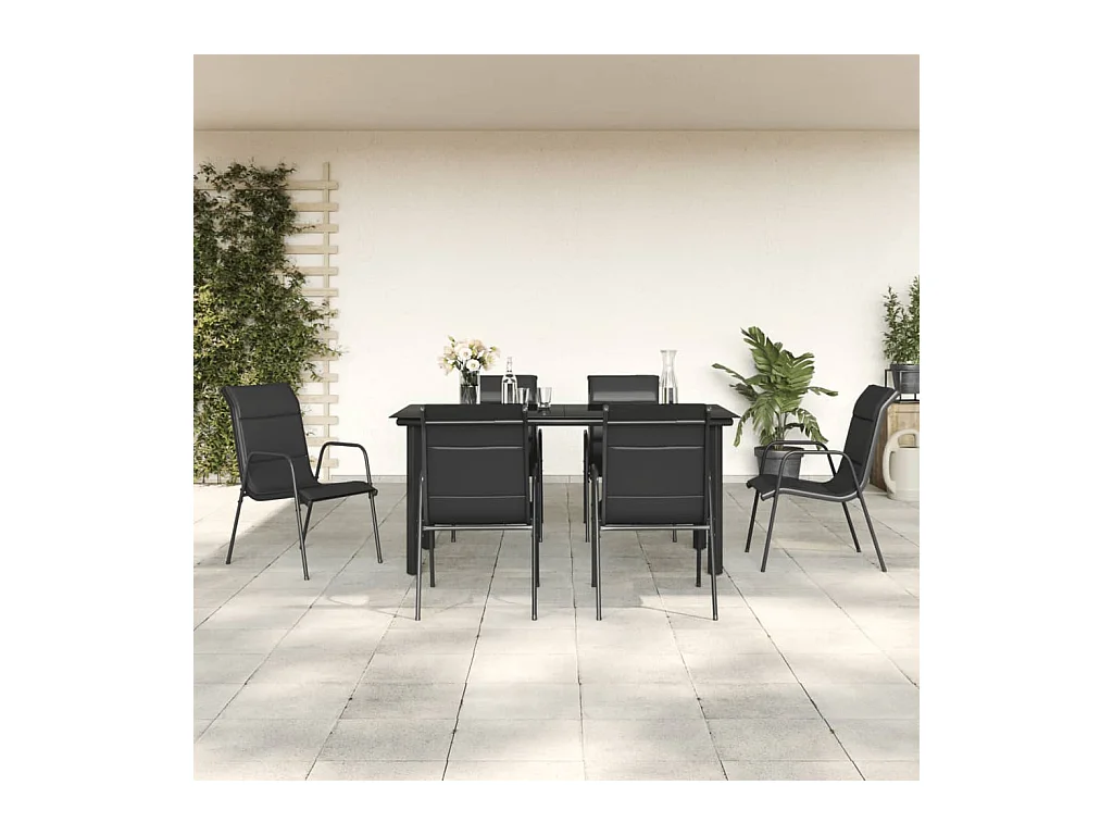 7 pcs conjunto de jantar para jardim aço e textilene preto