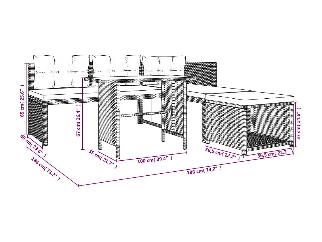 4-tlg. Garten-Essgruppe mit Kissen Grau Poly Rattan
