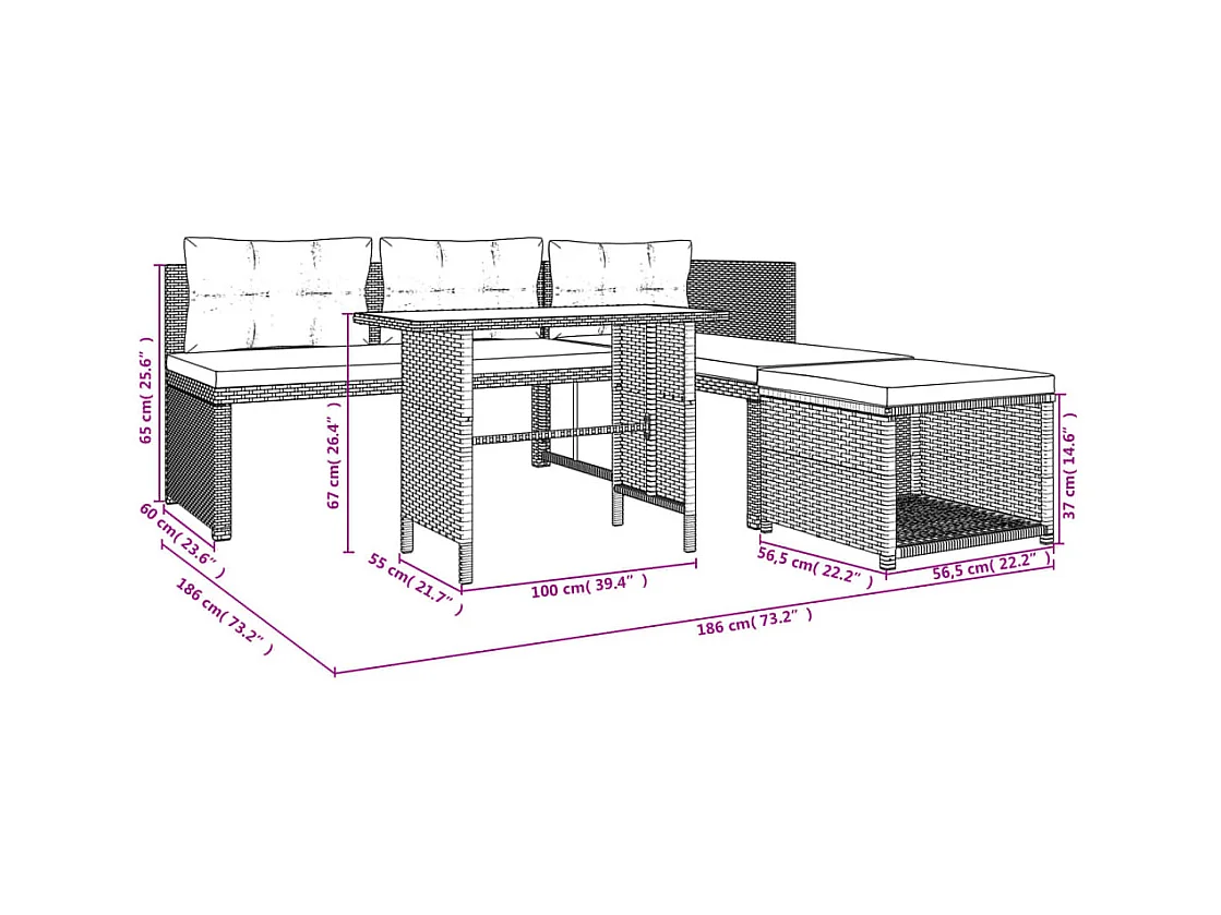 4-delige Tuinset met kussens poly rattan grijs
