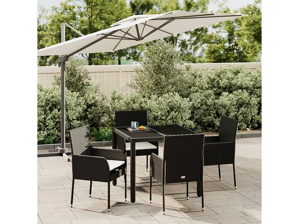 Set da Pranzo da Giardino 5 pz Nero con Cuscini in Polyrattan