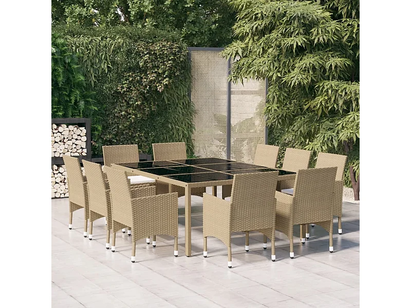 11 pcs conjunto de jantar para jardim vime PE bege