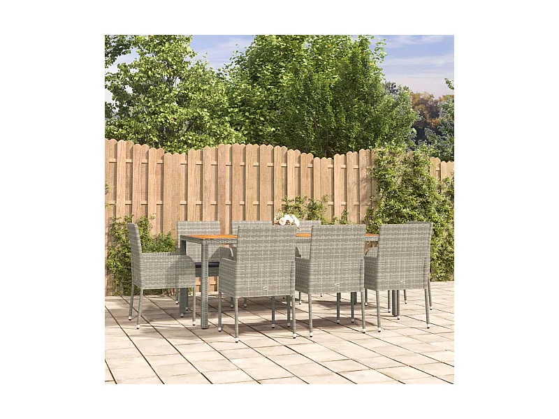 Set da Pranzo da Giardino 9 pz con Cuscini in Polyrattan Grigio