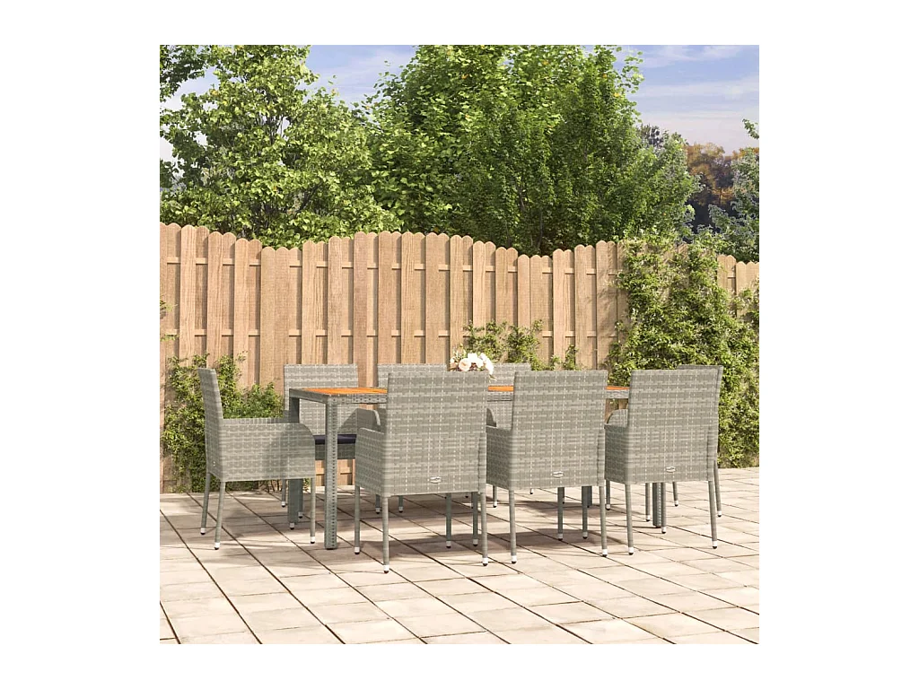 Ensemble à manger de jardin 9 pcs coussins gris résine tressée
