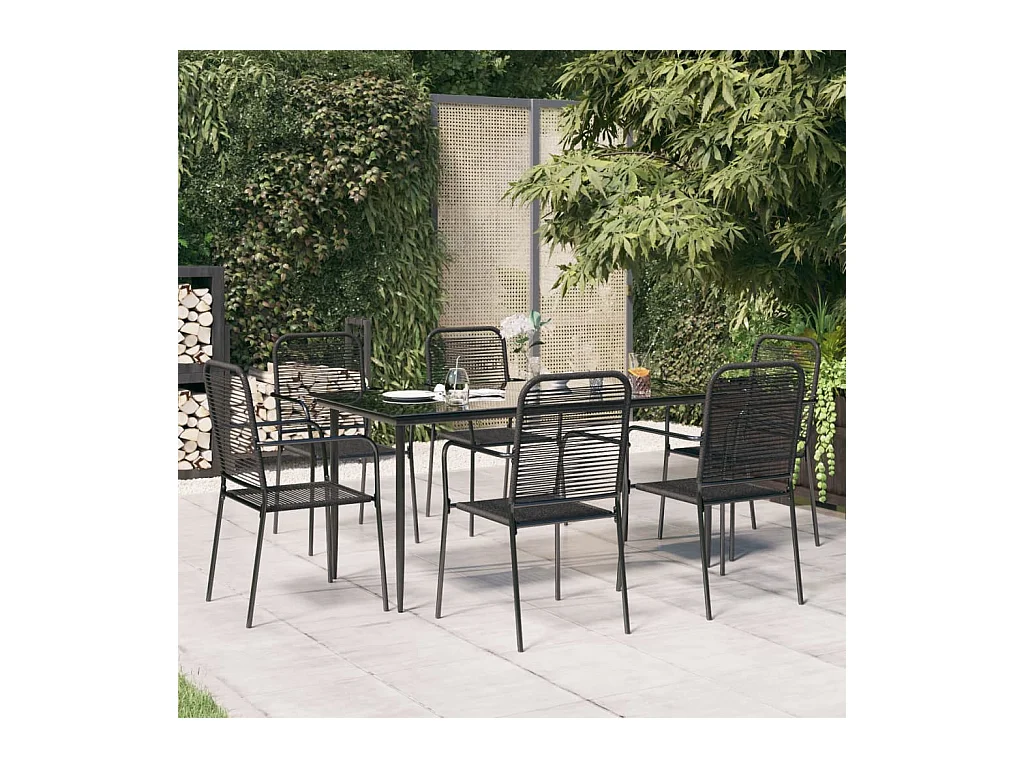 Ensemble à manger de jardin 7 pcs Noir Corde de coton et acier