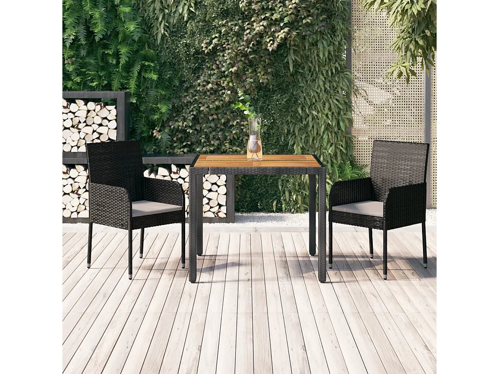 Set da Pranzo da Giardino 3 pz con Cuscini Nero in Polyrattan