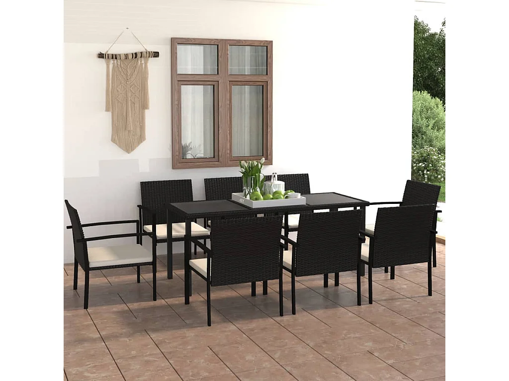 9 pcs conjunto de jantar para jardim vime PE preto