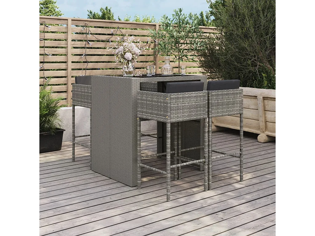 5-tlg. Gartenbar-Set mit Kissen Grau Poly Rattan