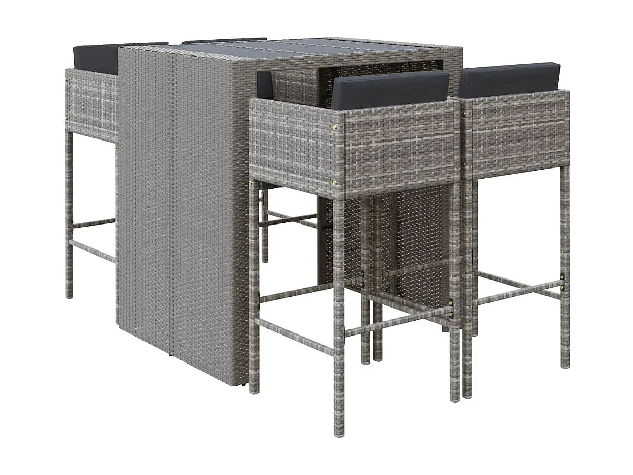 5-tlg. Gartenbar-Set mit Kissen Grau Poly Rattan