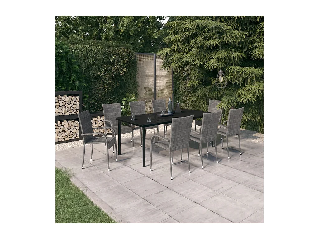 Juego de comedor para jardín 9 piezas gris y negro