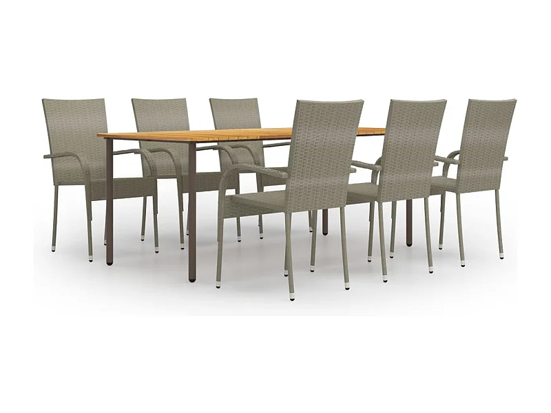 7 pcs conjunto de jantar para jardim vime PE cinzento