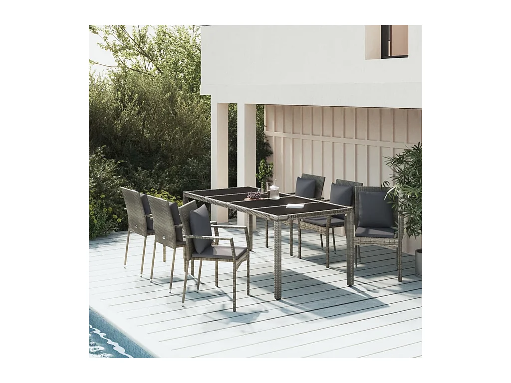 Ensemble à manger jardin et coussins 7 pcs gris rotin